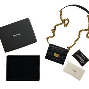 CHANEL Black Caviar Quilted Boy Card Holder Shoulder Bag Wallet On Chain